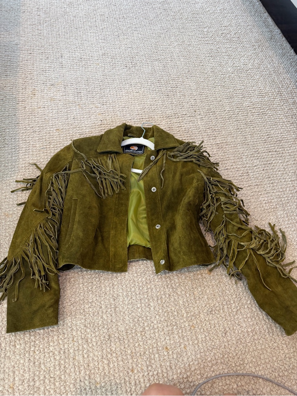 Suede Fringe Cropped Jacket in Olive Green - Picture 2 of 4